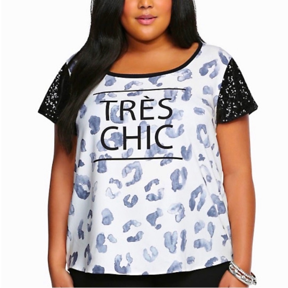 NWT! TORRID LEOPARD “TRES CHIC” SEQUINS SLEEVES FRENCH TOP! 0 0X 10/12